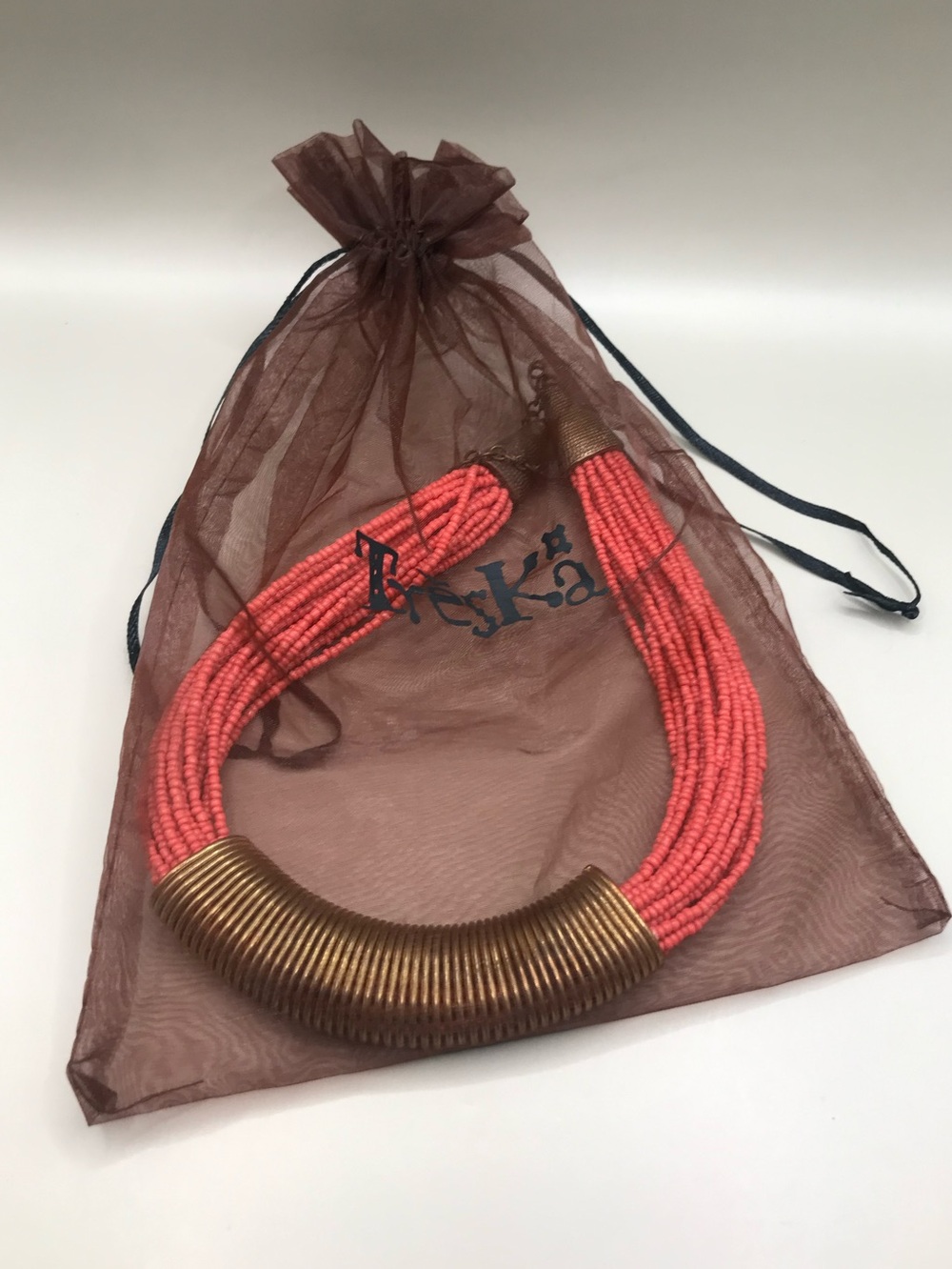 Treska Coral Multi-Strand Bead Necklace with Antique Bronze Coil Tubes - Picture 8 of 8